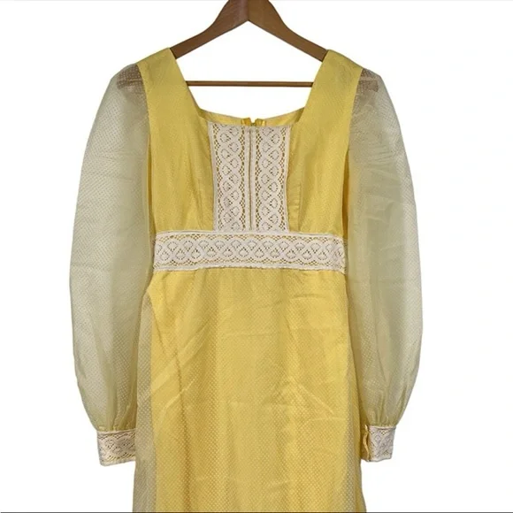 Vintage Handmade Cottagecore Yellow Square Neck Long Sleeve Maxi Dress Size S - Picture 3 of 10